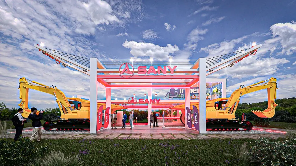 Projeto de stand externo do expositor Sany que criamos para a feira Exposibran 2022