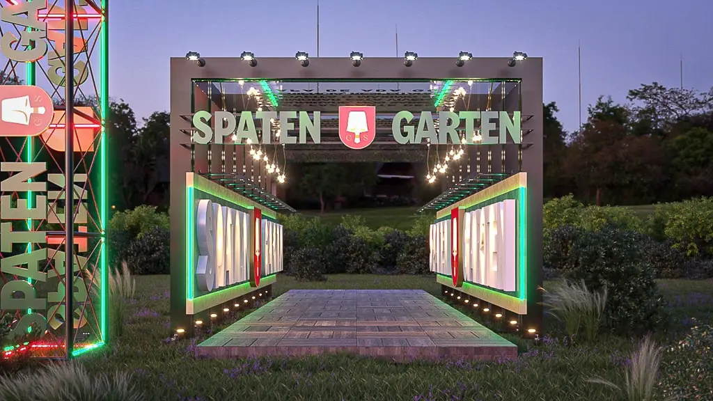 Projeto de stand externo do expositor Spaten que criamos para o evento Spaten Garten 2022