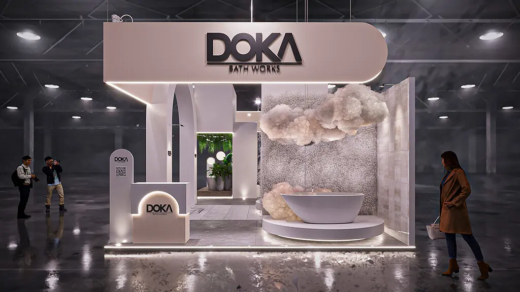 Projeto de stand do expositor Doka que criamos para a feira Expo Revestir 2022